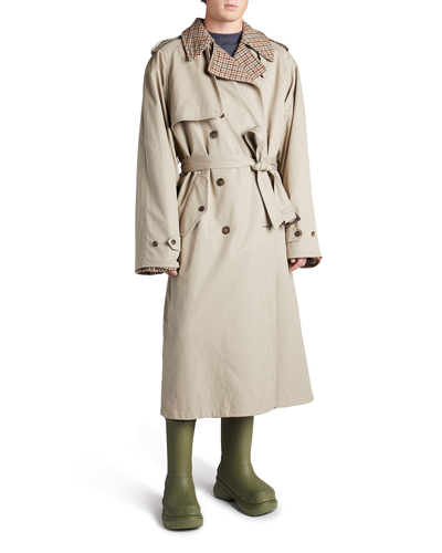 Shop Balenciaga Men's Reversible Houndstooth Trench Coat In Beige/brown