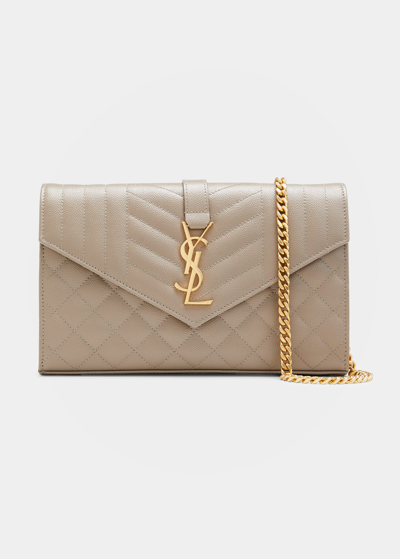 Shop Saint Laurent Envelope Triquilt Ysl Wallet On Chain In Grained Leather In Greyish Brown