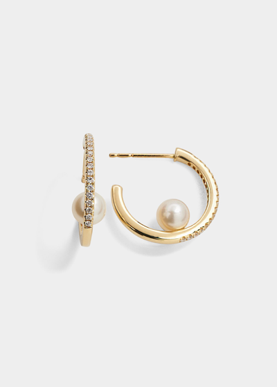 Shop Mizuki Pave Diamond Hoop Earrings With Freshwater Pearls In Yg