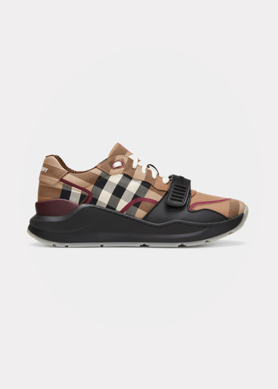 Shop Burberry Men's Ramsey Check Low-top Sneakers In Birch Brown Ip Ch