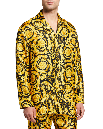 Shop Versace Men's Baroque Silk Pajama Top In Black/gold