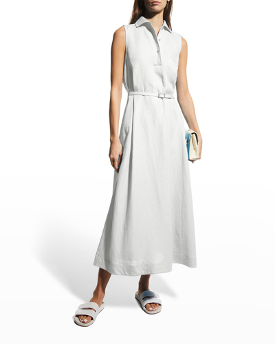 Shop Loro Piana Leyla Collared Linen Belted Midi Dress In Optical White