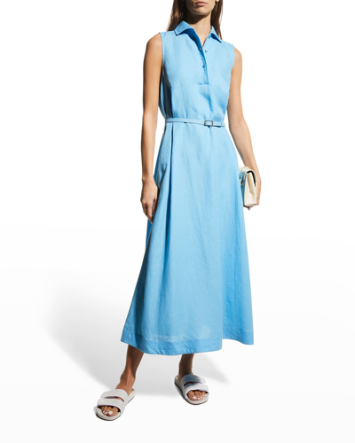 Shop Loro Piana Leyla Collared Linen Belted Midi Dress In Ocean Water