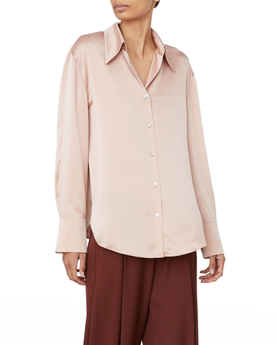 Shop Vince Ruched-back Collared Silk Blouse In Rose Dawn