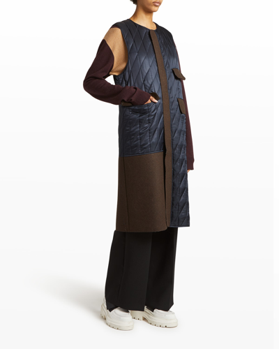 Shop Plan C Mixed Media Quilted Long Vest In Navy