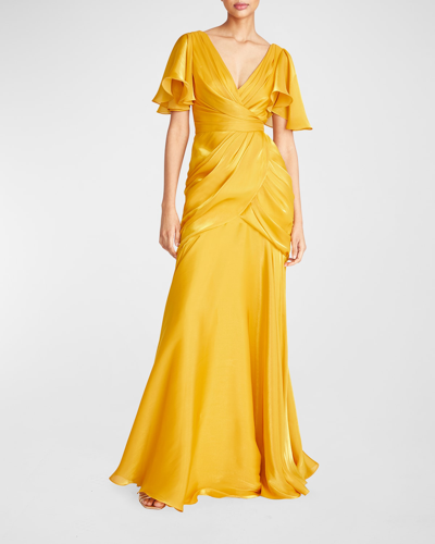 Shop Theia Tamara Flutter-sleeve Gown In Golden Hour