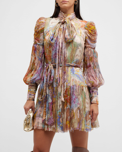 Shop Zimmermann Kaleidoscope Pleated High-neck Mini Dress In Zodiac Star Girls