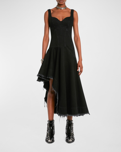 Shop Alexander Mcqueen Asymmetric Bustier Denim Midi Dress In Black