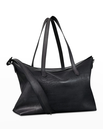 Shop Berluti Men's Soft Leather Scritto Handbag In Nero/grigio