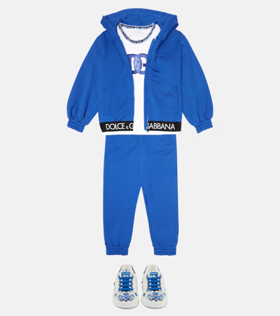 Shop Dolce & Gabbana Logo Cotton Jersey Zip-up Hoodie In Bluette Scuro