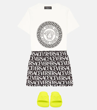 Shop Versace Logo Swim Trunks In Nero+bianco