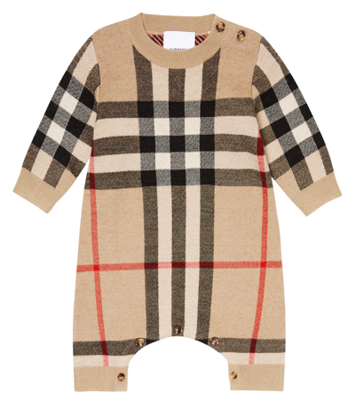 Shop Burberry Baby Vintage Check Jacquard Romper In Archive Beige Ip Chk