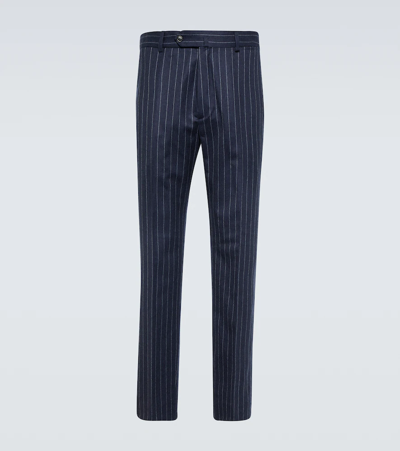Shop Kenzo Pinstriped Wool Flannel Pants In Midnight Blue