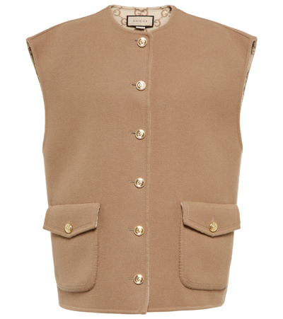 Shop Gucci Gg Reversible Wool Vest In Camel/ivory