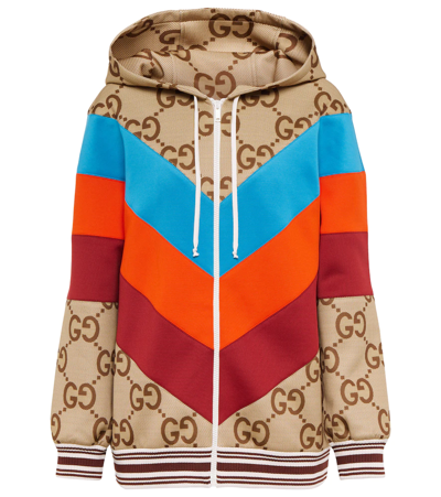 Shop Gucci Intarsia Jumbo Gg Zip-up Hoodie In Beige/ebony/mc