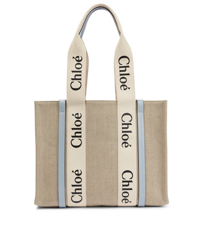 Shop Chloé Woody Medium Canvas Tote Bag In White - Blue 2