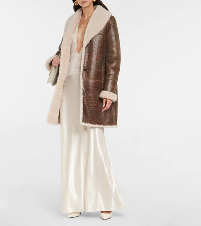 Shop Yves Salomon Meteo Leather And Shearling Coat In Caramel/natural