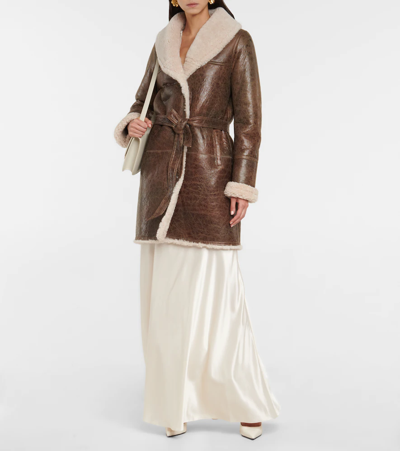 Shop Yves Salomon Meteo Leather And Shearling Coat In Caramel/natural