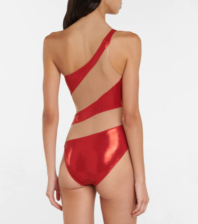 Shop Norma Kamali Snake Mesh-paneled One-shoulder Swimsuit In Tiger Red/nude Mesh