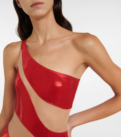 Shop Norma Kamali Snake Mesh-paneled One-shoulder Swimsuit In Tiger Red/nude Mesh