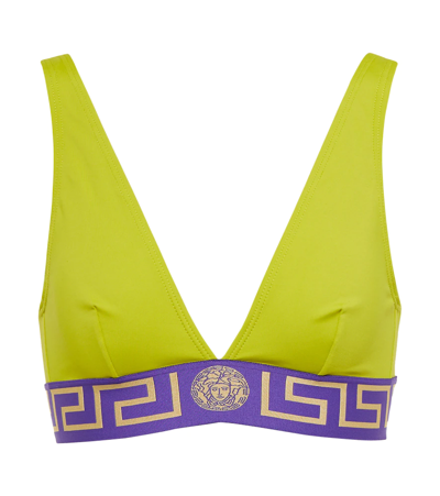 Shop Versace Logo Bikini Top In Pale Avocado+purple