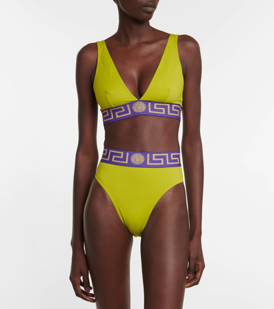 Shop Versace Logo Bikini Top In Pale Avocado+purple