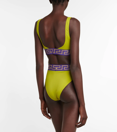 Shop Versace Logo Bikini Bottoms In Pale Avocado+purple