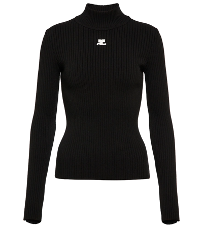 Courrèges Black Reedition Rib Knit Mock Neck Sweater In Black