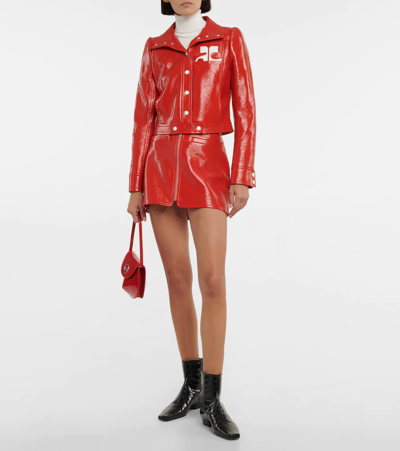 Shop Courrèges Logo Cropped Faux Leather Jacket In Heritage Red