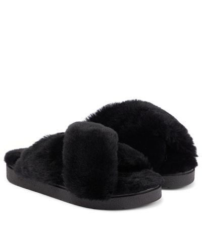 Inuikii Crossover-strap Shearling Slides In Black