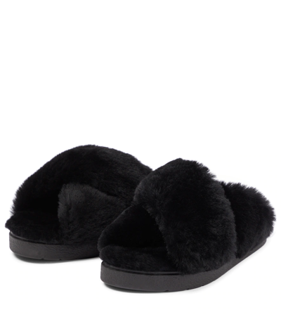 Inuikii Crossover-strap Shearling Slides In Black