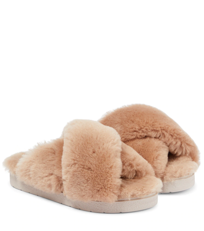 Shop Inuikii Crossover-strap Shearling Slides In Macaroon