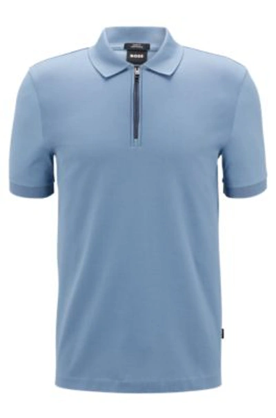Shop Hugo Boss Mercerised-cotton Slim-fit Polo Shirt With Zipped Placket In Light Blue