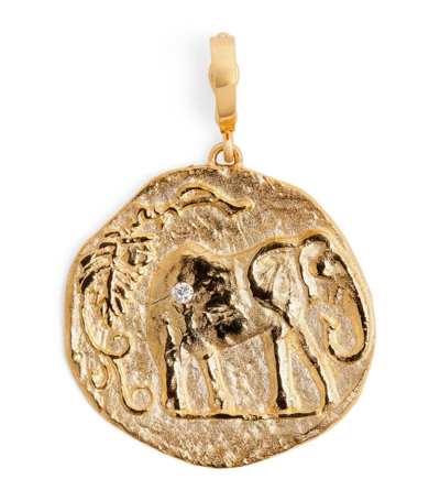 Shop Azlee Large Yellow Gold And Diamond Elefante Coin Charm