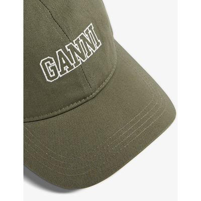 Shop Ganni Logo-embroidered Cotton Cap In Kalamata