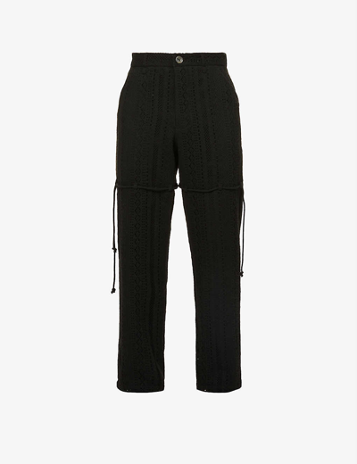 Shop Song For The Mute Dress Tie-embellished Relaxed-fit Straight-leg Cotton-blend Trousers In Black