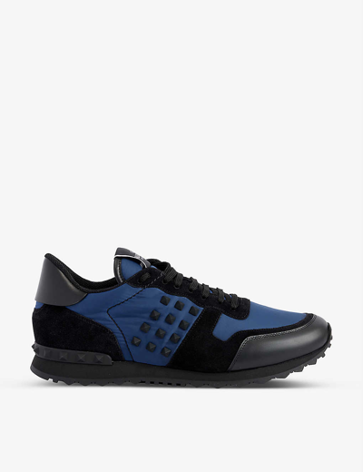 Shop Valentino Rockstud Shell And Leather Low-top Trainers In Blk/blue