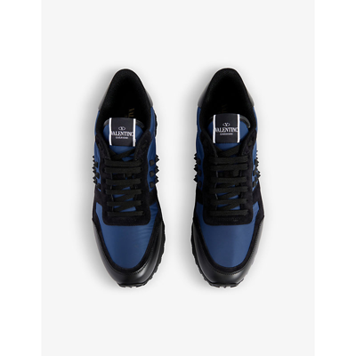 Shop Valentino Garavani Men's Blk/blue Rockstud Shell And Leather Low-top Trainers