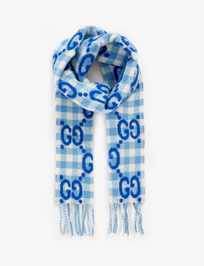 Shop Gucci Blue Kids Logo-embroidered Wool Scarf