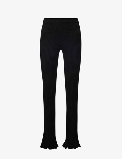 Shop Rabanne Ribbed Flared Mid-rise Stretch-cotton Trousers In Black