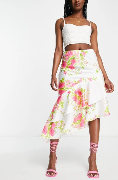 Shop Asos Design Asymmetric Tiered Satin Midi Skirt In White