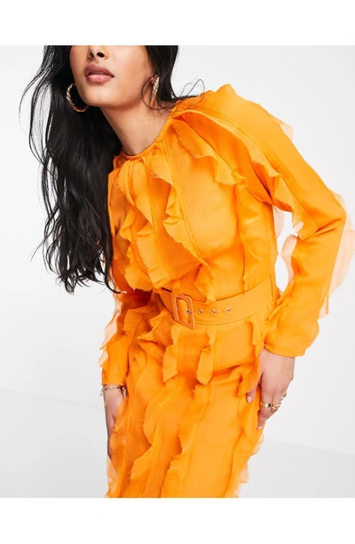 Shop Asos Design Belted Long Sleeve Chiffon Maxi Dress In Orange