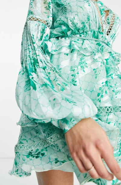 Shop Asos Design Lace Inset Ruffle Long Sleeve Minidress In Light Green