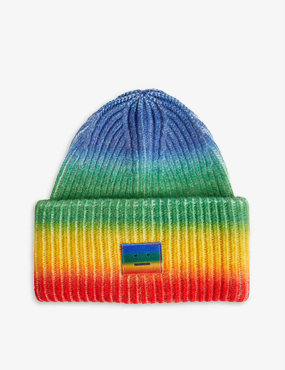 Shop Acne Studios Pansy Rainbow-striped Wool Beanie In Coral Red Green