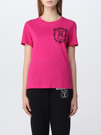 Shop Moschino Couture T-shirt With Teddy Emblem In Fuchsia