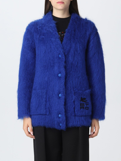 Shop Etro Mohair Cropped Cardigan With Logo In Gnawed Blue