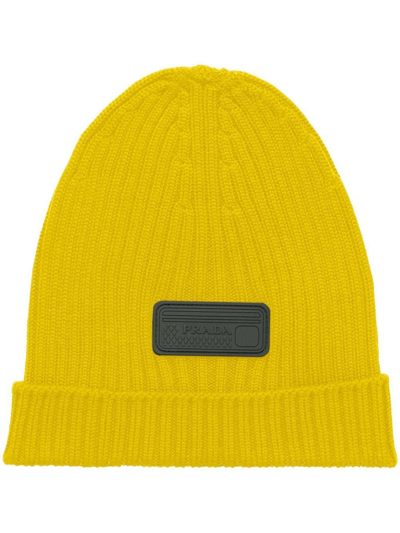 Shop Prada Logo-appliqué Wool Beanie In Yellow