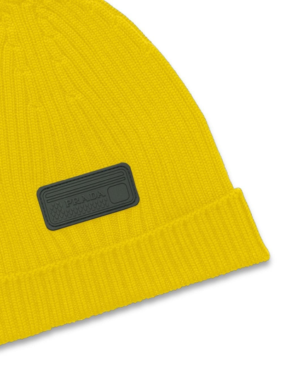 Shop Prada Logo-appliqué Wool Beanie In Yellow