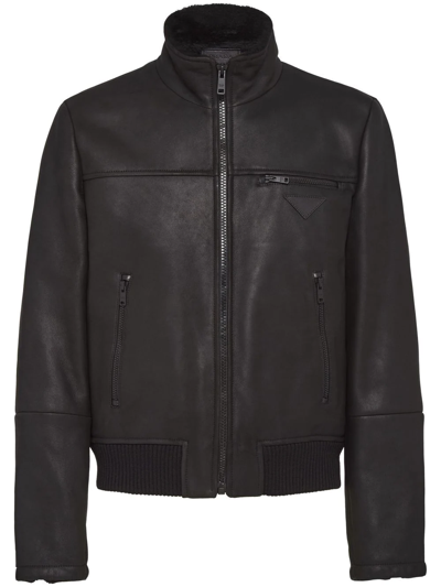 Shop Prada Sheepskin Bomber Jacket In Black