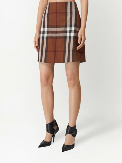Shop Burberry Check-print Wool-blend Skirt In Brown
